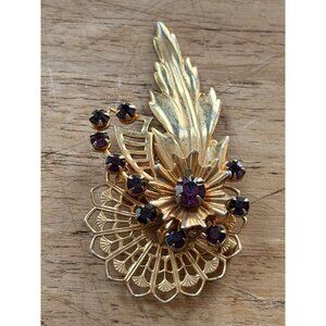 Vintage Gold-Toned Brooch With Purple Rhinestones & Intricate Filigree Design